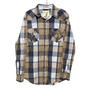 Coastal Western Pearl Snap Button Down Shirt Brown Blue Check Mens L Cotton